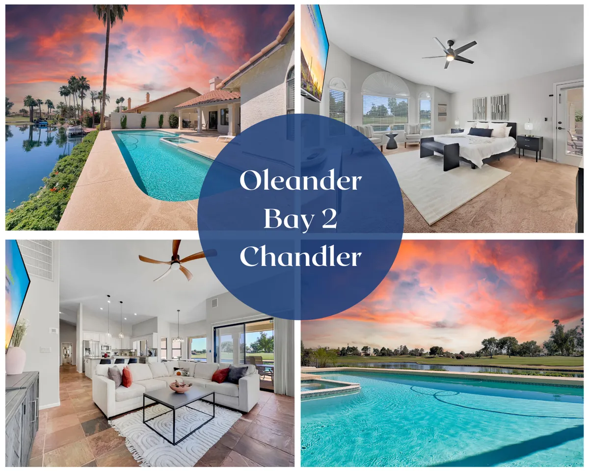 The image showcases the home's sparkling swimming pool set against a tranquil lakefront backdrop, with ample outdoor seating, a dining area perfect for al fresco meals, and warm evening lighting that suggests cozy, inviting nights. Lush landscaping frames the pool, and glimpses of the spacious indoor living and dining spaces create a seamless indoor-outdoor living experience.