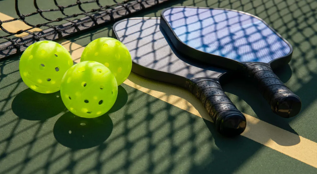 An energetic outdoor scene focused on two pickleball paddles, three bright yellow pickleballs, and the netting of a pickleball court. The image radiates a playful and active mood ideal for group recreation.